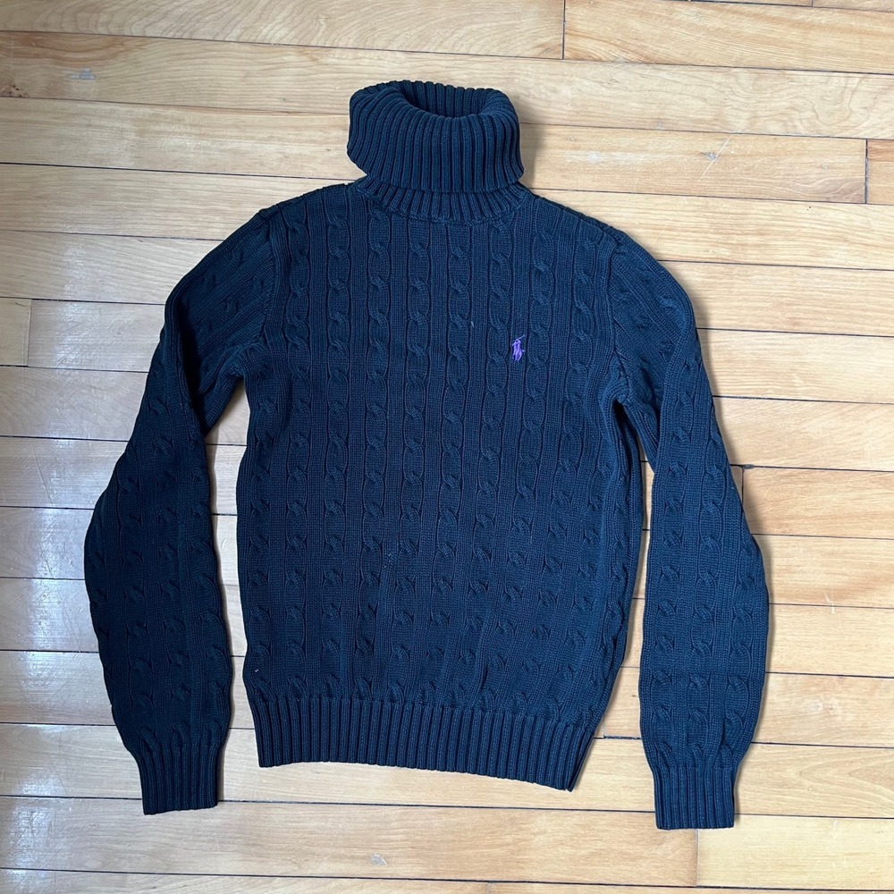 Ralph Lauren Sport Navy Blue Cable Knit Turtleneck Cotton Sweater Purple Pony